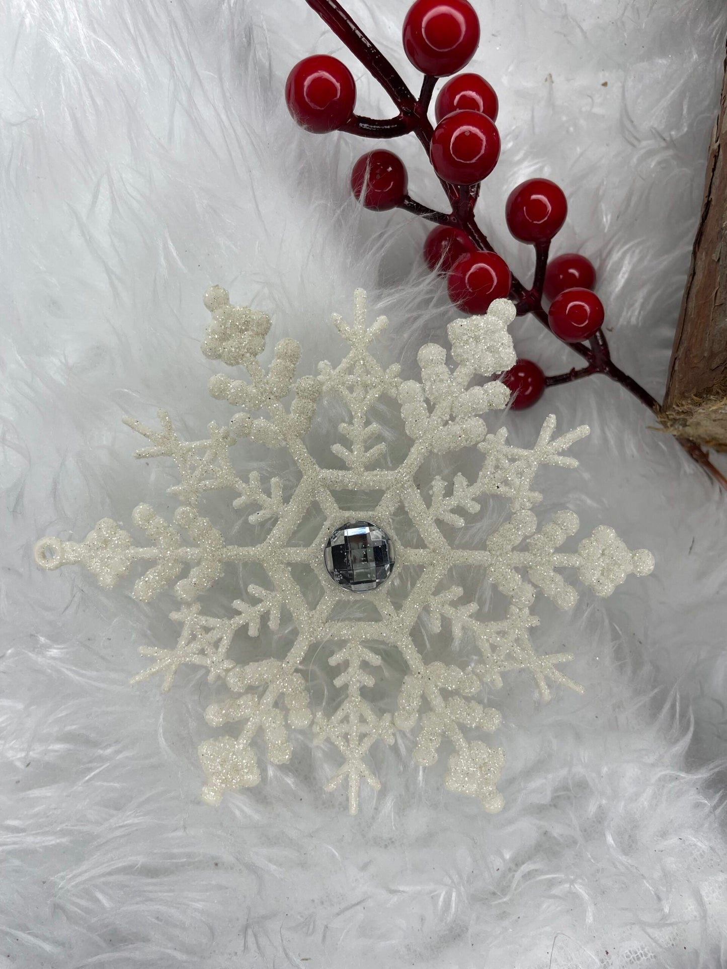 Decoratiune brad fulg de zapada cu cristal, set 2 bucati, 12cm, alb