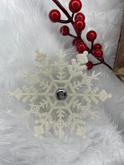 Decoratiune brad fulg de zapada cu cristal, set 2 bucati, 12cm, alb