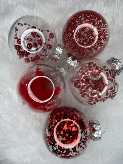 Set globuri de Craciun Inedit, 30 bucati, 7cm, transparente si rosu