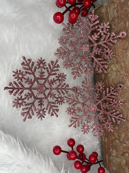 Decoratiune brad fulg de zapada, set 12 bucati, 10cm, roz