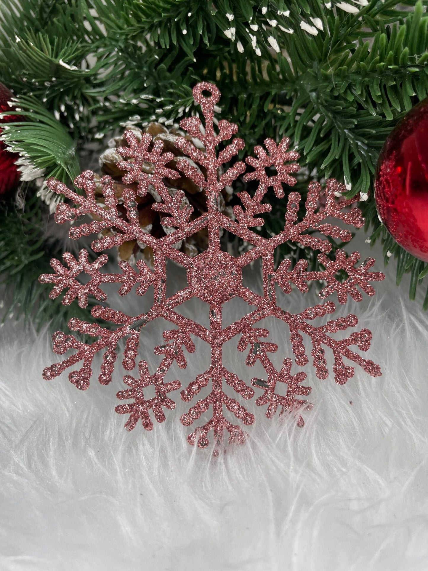 Decoratiune brad fulg de zapada, set 12 bucati, 10cm, roz