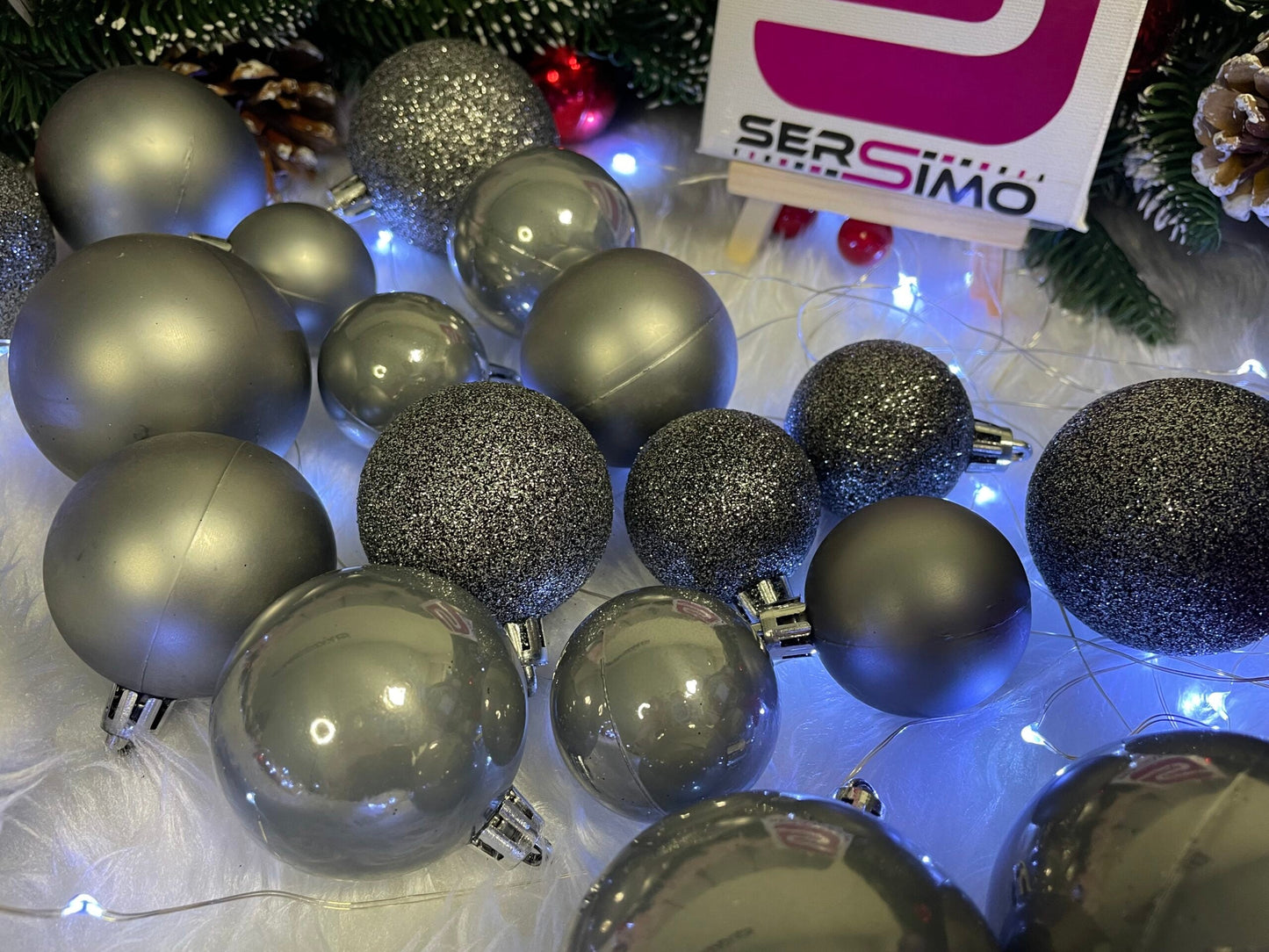 Set globuri de Craciun, 30 bucati, 3 modele, 4/5/6cm, gri argintiu