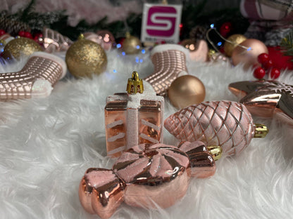 Set globuri si decoratiuni de Craciun, 77 piese, diverse dimensiuni, roz auriu