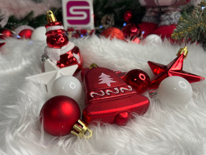 Set globuri si decoratiuni de Craciun, 105 piese, diverse dimensiuni, alb rosu