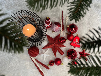 Set globuri si decoratiuni de Craciun, 105 piese, diverse dimensiuni, alb rosu