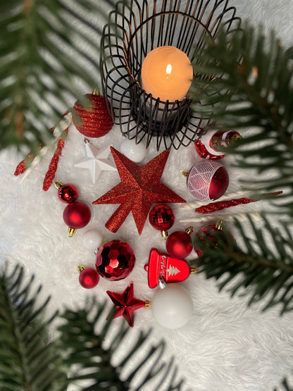 Set globuri si decoratiuni de Craciun, 105 piese, diverse dimensiuni, alb rosu