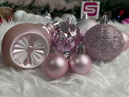 Set globuri si decoratiuni de Craciun, 101 piese, diverse dimensiuni, alb roz