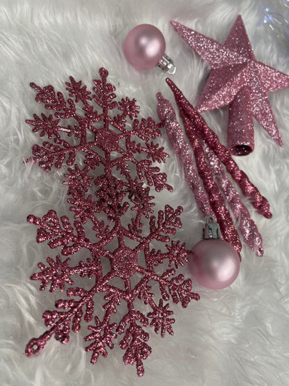 Set globuri si decoratiuni de Craciun, 101 piese, diverse dimensiuni, alb roz