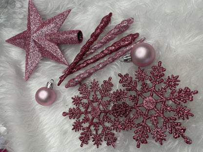 Set globuri si decoratiuni de Craciun, 101 piese, diverse dimensiuni, alb roz