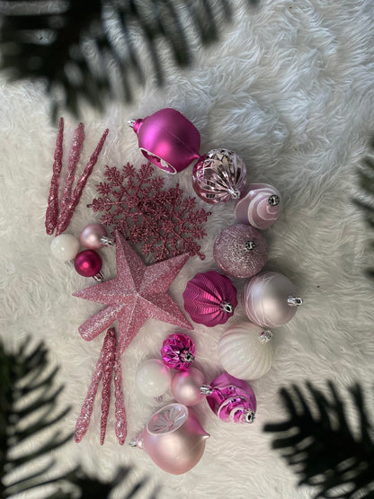 Set globuri si decoratiuni de Craciun, 101 piese, diverse dimensiuni, alb roz