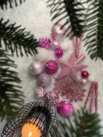 Set globuri si decoratiuni de Craciun, 101 piese, diverse dimensiuni, alb roz