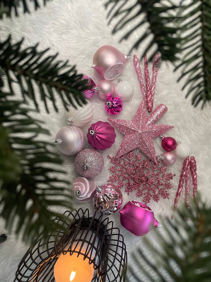 Set globuri si decoratiuni de Craciun, 101 piese, diverse dimensiuni, alb roz