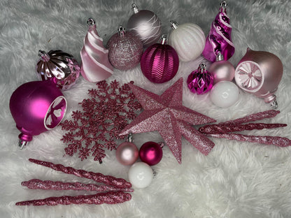 Set globuri si decoratiuni de Craciun, 101 piese, diverse dimensiuni, alb roz