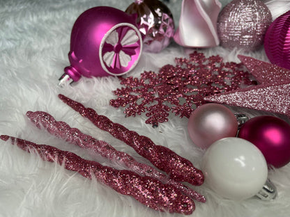 Set globuri si decoratiuni de Craciun, 101 piese, diverse dimensiuni, alb roz