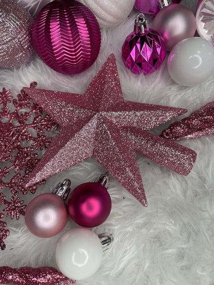 Set globuri si decoratiuni de Craciun, 101 piese, diverse dimensiuni, alb roz