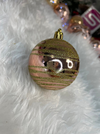 Set globuri de Craciun cu modele de sarbatori, 24 bucati, 6cm, rose