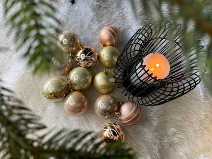 Set globuri de Craciun cu modele de sarbatori, 30 bucati, 6cm, roz si auriu