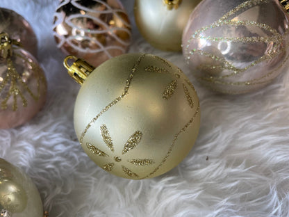 Set globuri de Craciun cu modele de sarbatori, 30 bucati, 6cm, roz si auriu