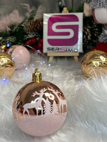 Set globuri de Craciun cu modele de sarbatori, 24 bucati, 6cm, rose
