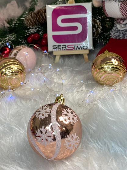 Set globuri de Craciun cu modele de sarbatori, 24 bucati, 6cm, rose