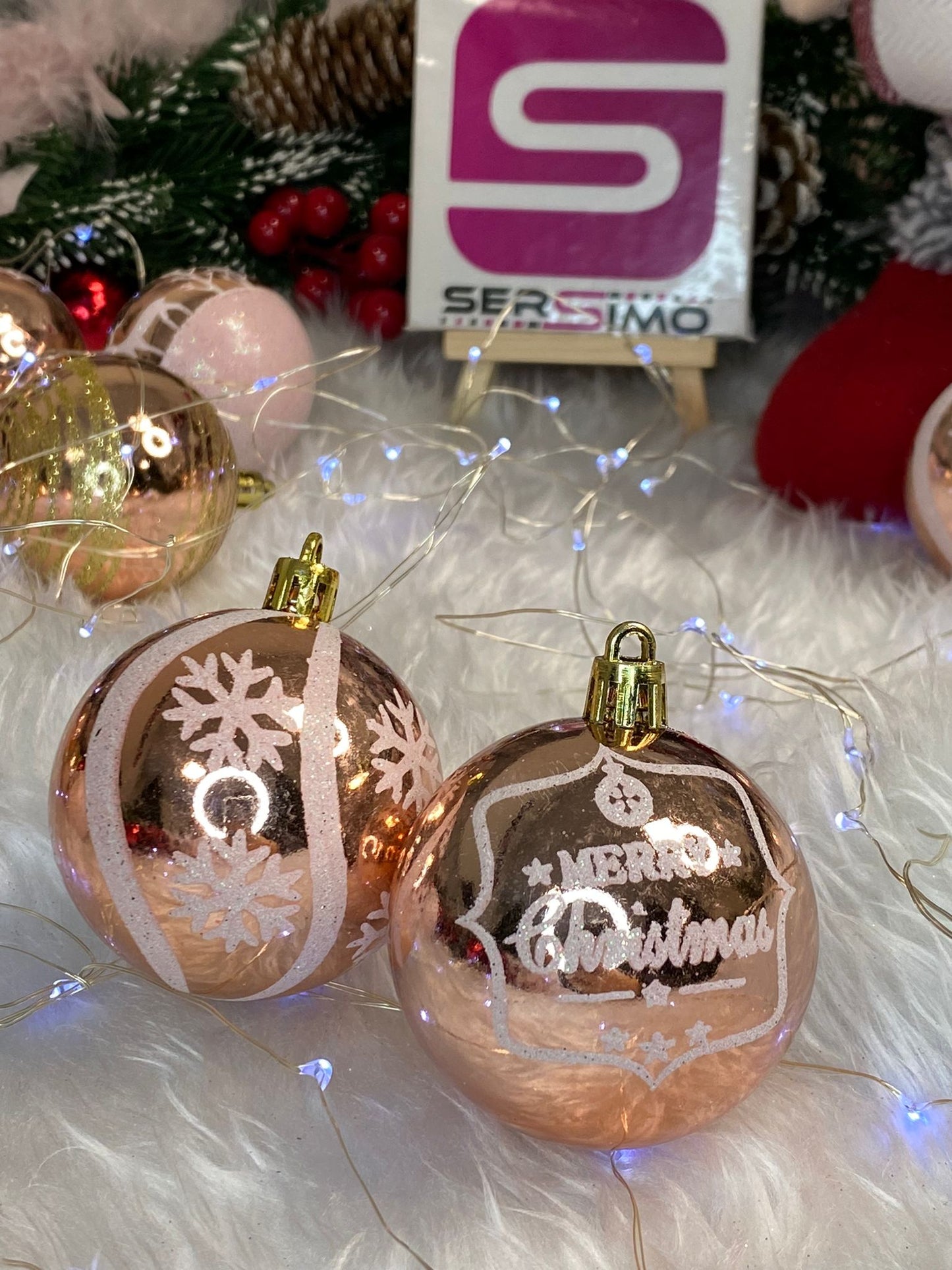 Set globuri de Craciun cu modele de sarbatori, 24 bucati, 6cm, rose