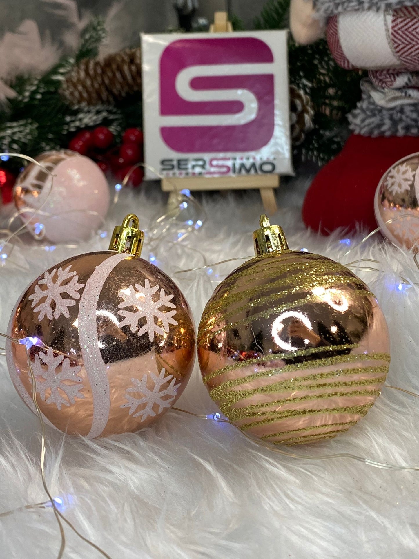 Set globuri de Craciun cu modele de sarbatori, 24 bucati, 6cm, rose