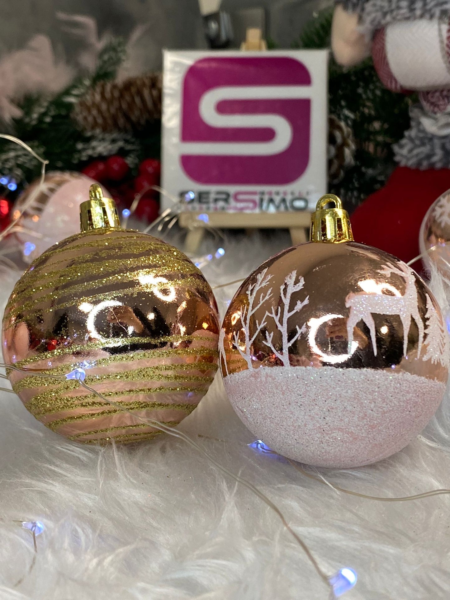 Set globuri de Craciun cu modele de sarbatori, 24 bucati, 6cm, rose