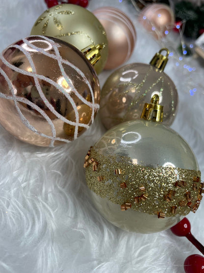 Set globuri de Craciun cu modele de sarbatori, 30 bucati, 6cm, roz si auriu