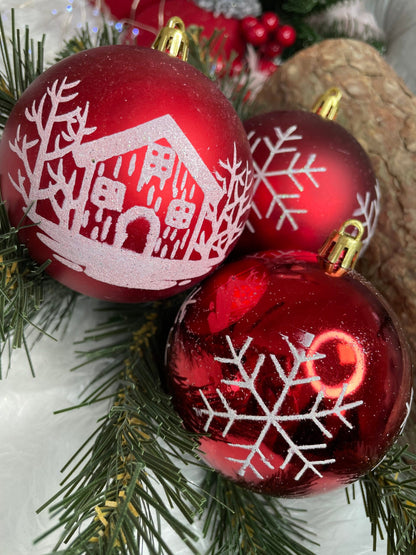 Set globuri de Craciun, 16 bucati, 8cm, 8 modele, rosu alb