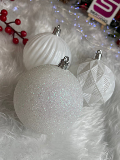 Set globuri de Craciun, 30 bucati, 8cm, 6 modele, alb