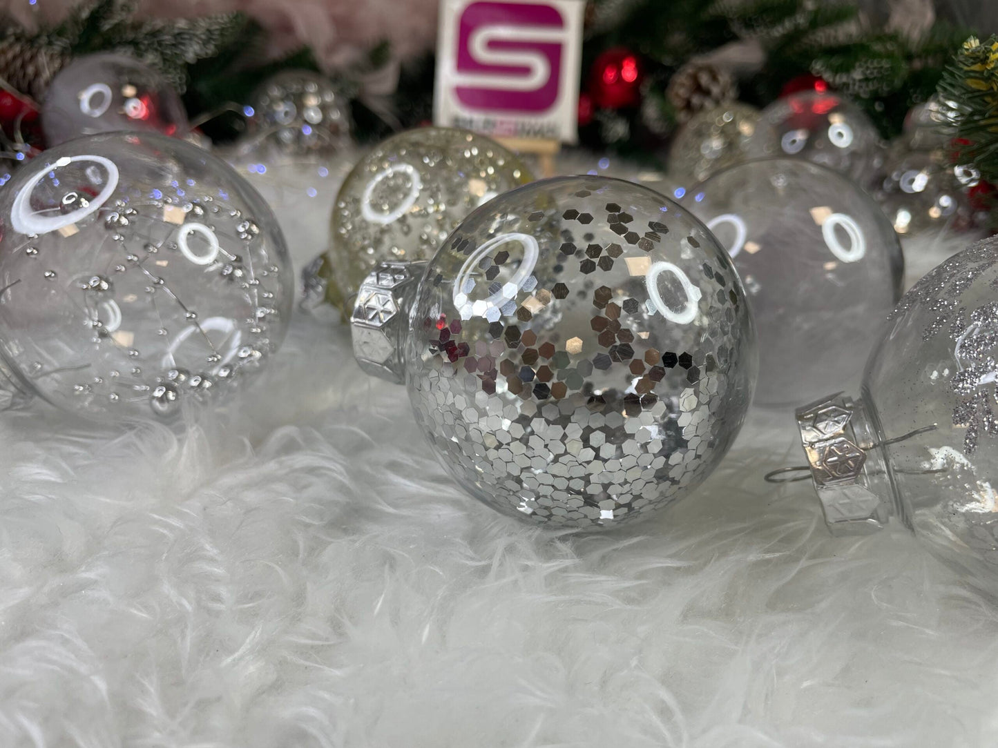 Set globuri de Craciun Inedit, 30 bucati, 7cm, transparente si argintiu
