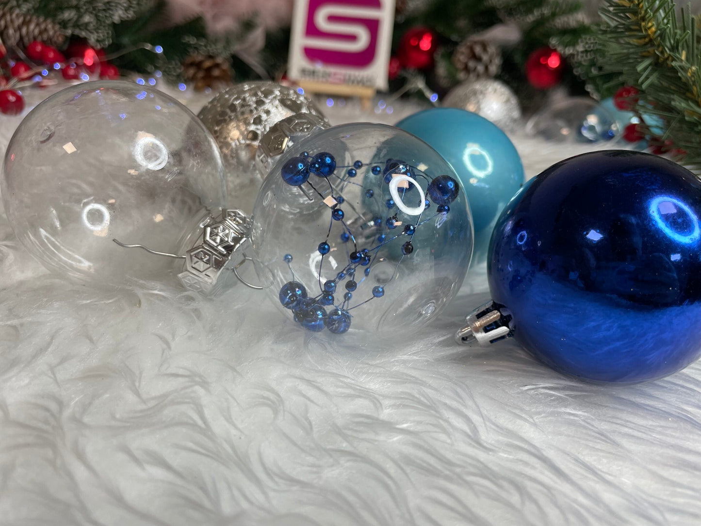 Set globuri de Craciun Inedit, 30 bucati, 6cm, transparente si albastru