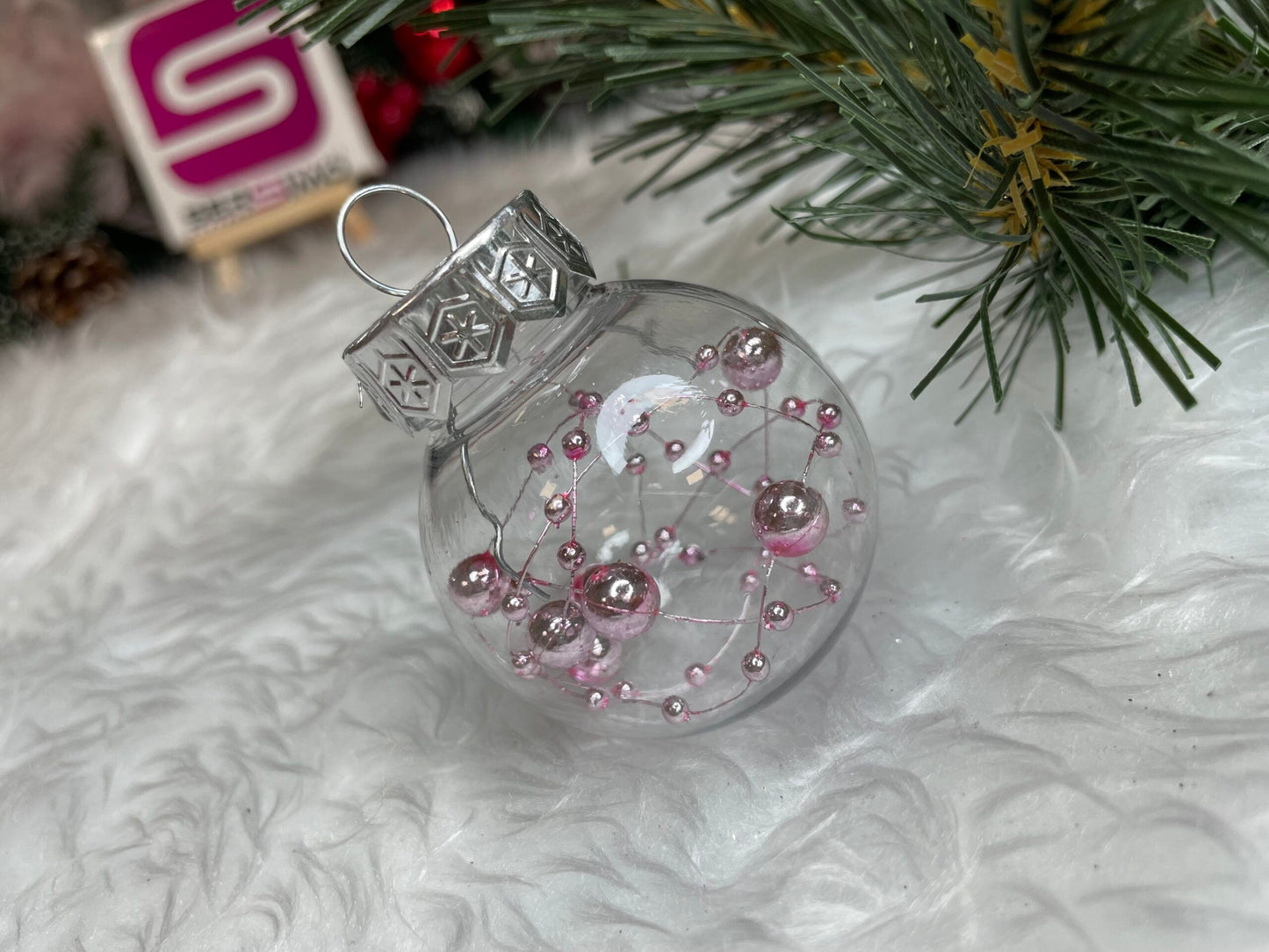 Set globuri de Craciun Inedit, 24 bucati, 5cm, transparente si roz pal