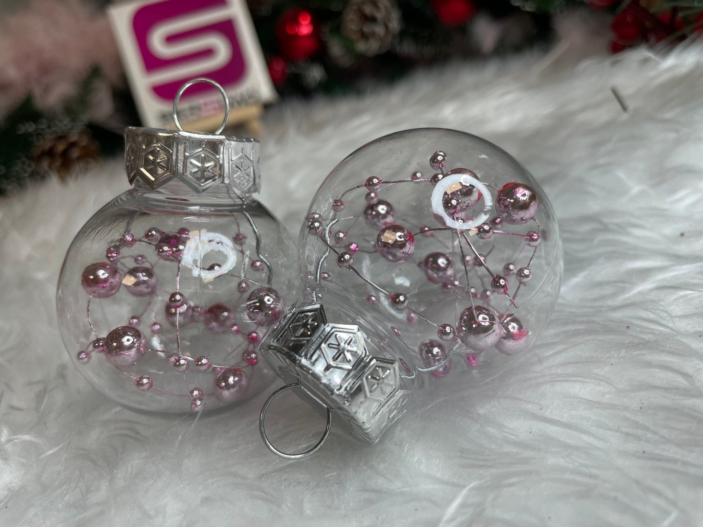 Set globuri de Craciun Inedit, 24 bucati, 5cm, transparente si roz pal