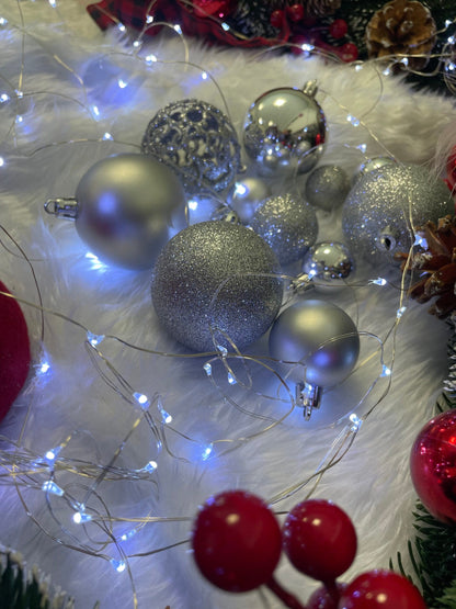 Set globuri si decoratiuni de Craciun, 100 piese, diverse dimensiuni cu stea, argintiu