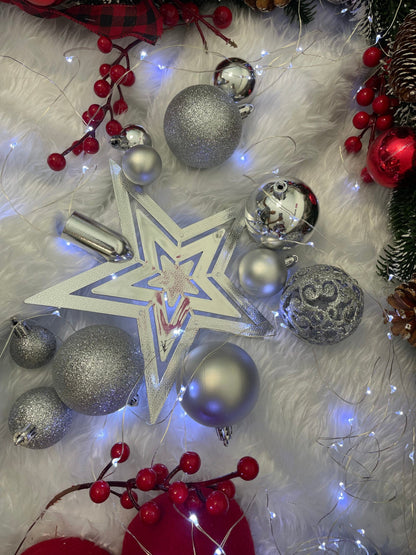 Set globuri si decoratiuni de Craciun, 100 piese, diverse dimensiuni cu stea, argintiu