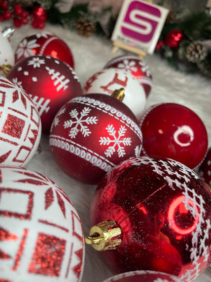 Set globuri de Craciun cu modele de sarbatori, 30 bucati, 7cm, alb rosu