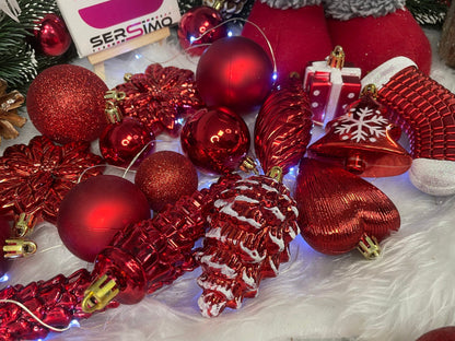 Set globuri si decoratiuni de Craciun, 72 piese, diverse dimensiuni, rosu