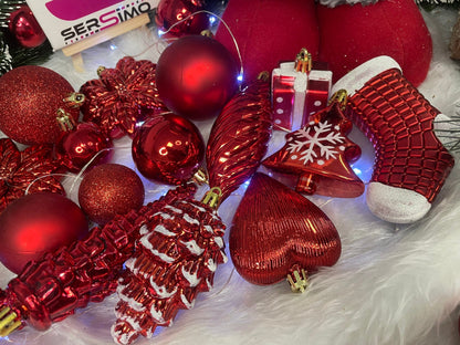 Set globuri si decoratiuni de Craciun, 72 piese, diverse dimensiuni, rosu