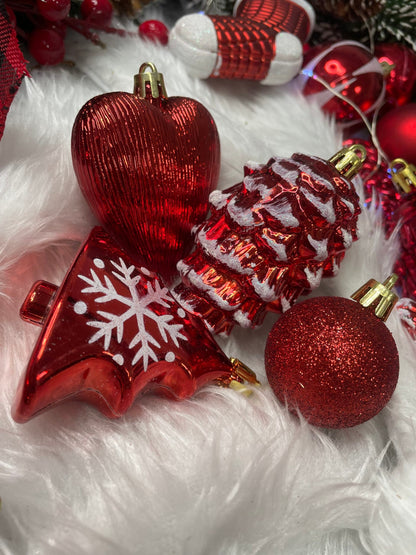 Set globuri si decoratiuni de Craciun, 72 piese, diverse dimensiuni, rosu
