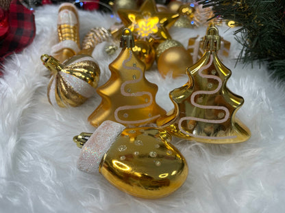 Set globuri si decoratiuni de Craciun, 77 piese, diverse dimensiuni, auriu