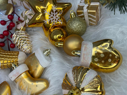 Set globuri si decoratiuni de Craciun, 77 piese, diverse dimensiuni, auriu