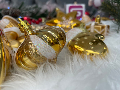 Set globuri si decoratiuni de Craciun, 77 piese, diverse dimensiuni, auriu
