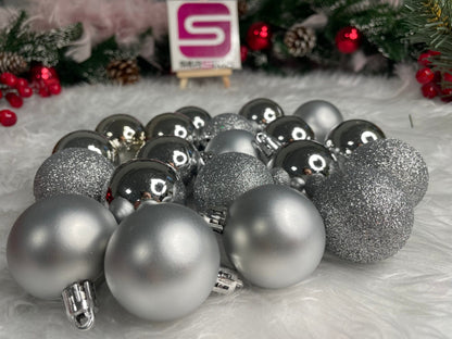 Set globuri de Craciun, 20 bucati, 3 modele, 4cm, argintiu