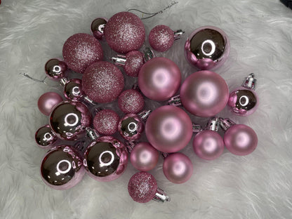 Set globuri de Craciun, 25 bucati, 3 modele, 2,5cm si 4cm, roz