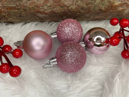 Set globuri de Craciun, 25 bucati, 3 modele, 2,5cm si 4cm, roz