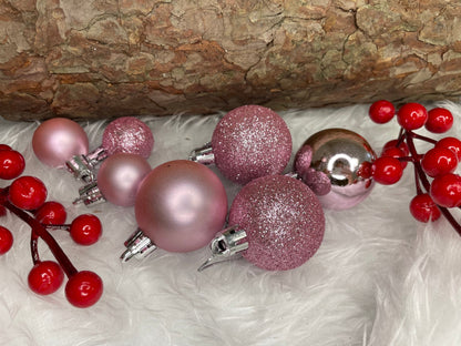 Set globuri de Craciun, 25 bucati, 3 modele, 2,5cm si 4cm, roz