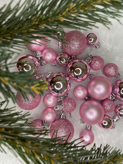 Set globuri de Craciun, 25 bucati, 3 modele, 2,5cm si 4cm, roz