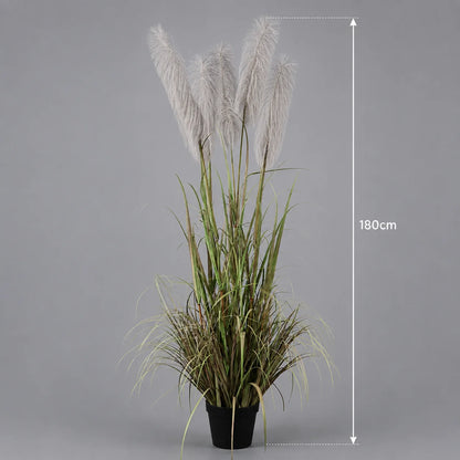 Planta Artificiala Iarba Ornamentala, 180cm, cu 5 fire, Stuf si Iarba, Verde si Gri, Fara Ghiveci