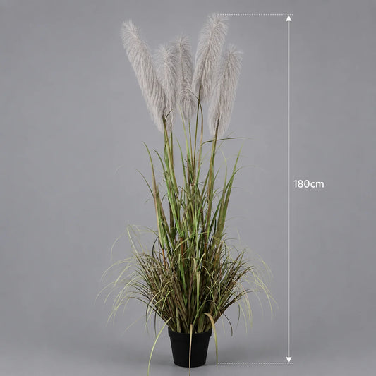Planta Artificiala Iarba Ornamentala, 180cm, cu 5 fire, Stuf si Iarba, Verde si Gri, Fara Ghiveci